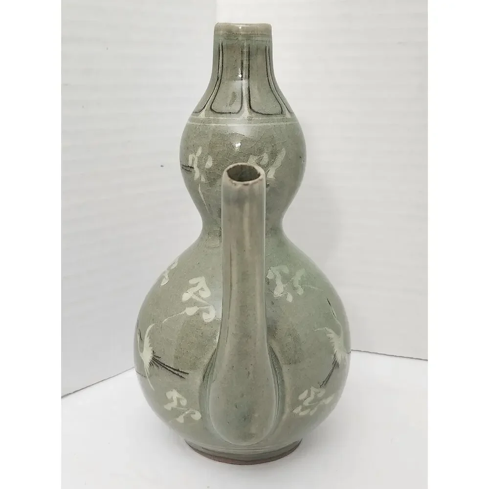 Vintage Korean Goryeo Style Celadon Ewer Crane Double Gourd Teapot Pitcher